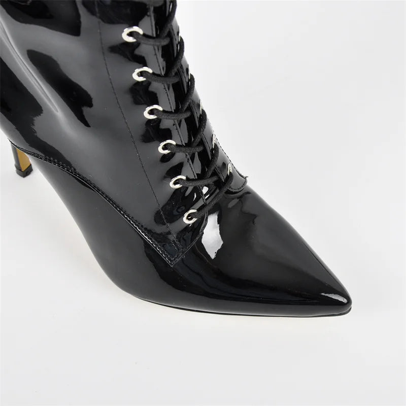 Onlymaker Women Pointed Toe Belt Buckle Over The Knee Boots Zipper Plus Size Sexy Patent Leather Wide Calf Thigh High Boots