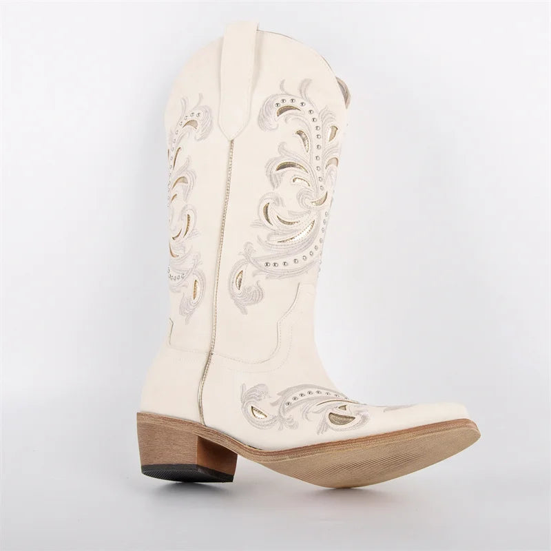 Onlymaker Women Pointed Toe Pull On Western Cowgirl Boots Fringed Chunky Heel Embroidery Cowboy Boots