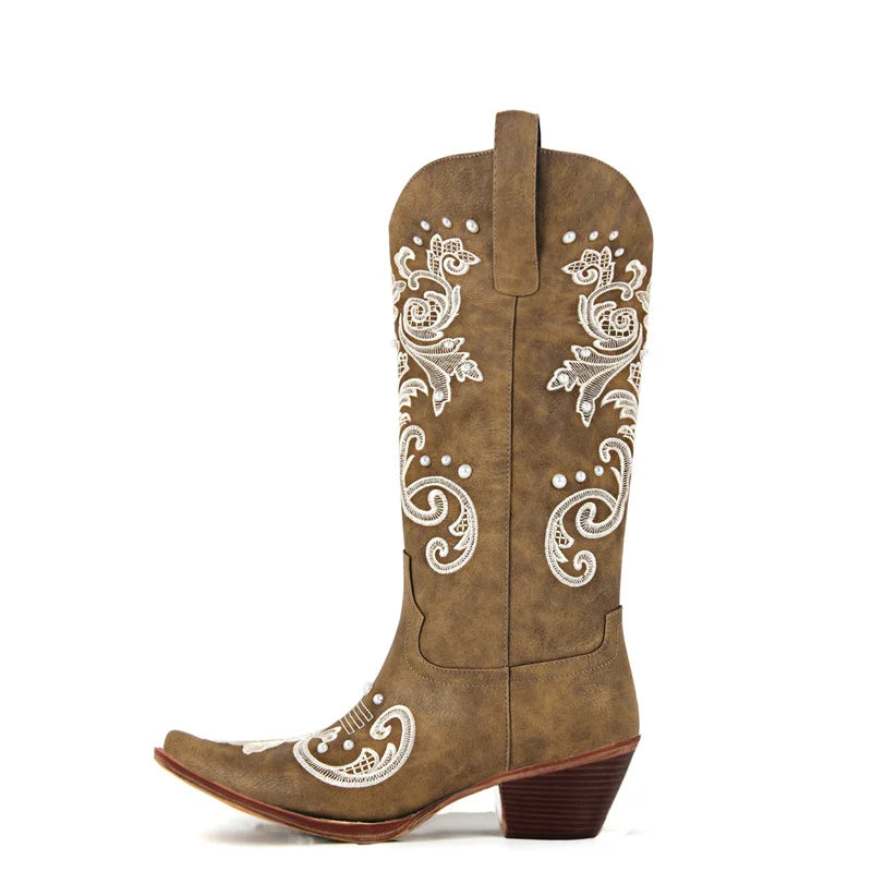 Onlymaker Women Pointed Toe White Pearl Embroidery Cowboy Boots Mid Calf Side Zipper Pearls Wedding Western Cowgirl Boots