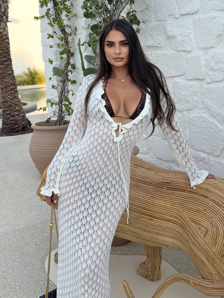 2026 Summer Women Chic Knit Swimsuit Cover Up Beach Maxi Dress Sexy Ruffed Deep V Neck Cut Out Long Sleeve Holiday Dresses K221