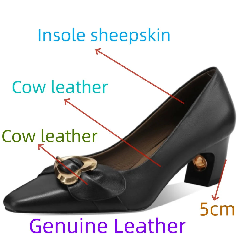 New High Quality Handmade Genuine Leather Shoes Pointed Head Shallow Mouth Mid Heels Women's Shoes 33-43
