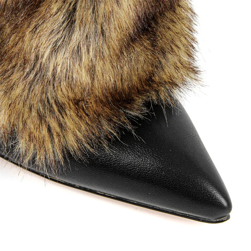 Onlymaker Women Pointed Toe Faux Fur Boot Furry Fluffy Big Size  Fashion 10CM Thin Heel  Fold Over Furry Winter Boots