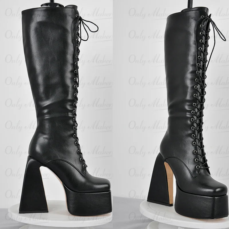 Onlymaker Women Square Toe Platform Zip Chunky Heel Knee High Patent Leather Lace Up Lady Black Boots