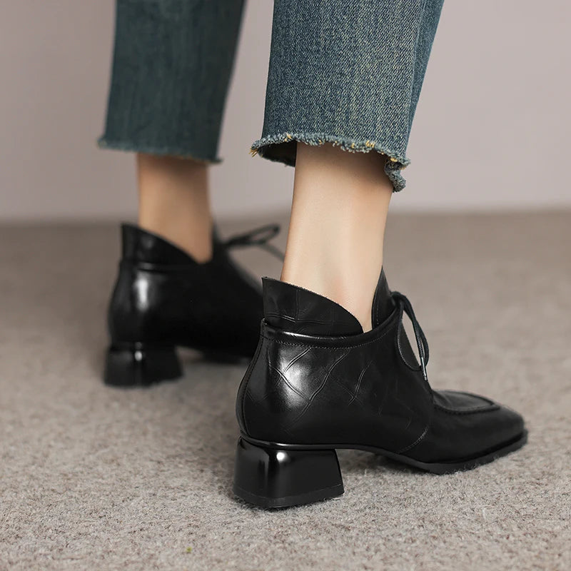 Women's Handmade Genuine Leather Shoes Medium Heel Comfort Retro Literature And Art Cross-tied Pumps Shoes 34-41