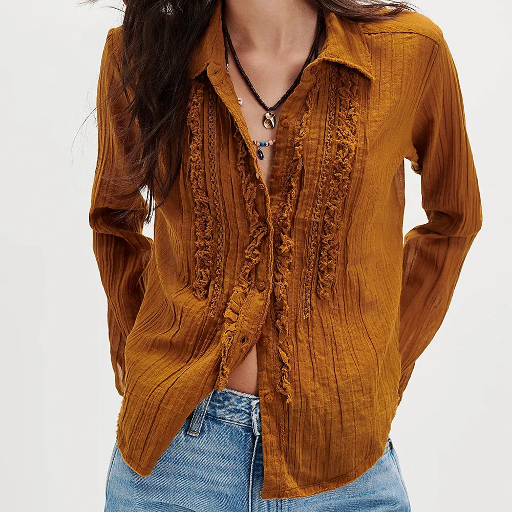 Women Autumn Coquette Lace Trim Button Long Sleeve Shirts y2k Vintage Ruffles Slim Fits Kawaii Crop Tops Sheer Office Blouse