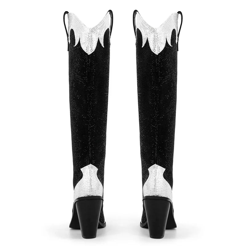 Onlymaker Women Black Pointed Toe Knee High Rhinestone Boots Cowboy Boots Fashion ull-On Western Boots