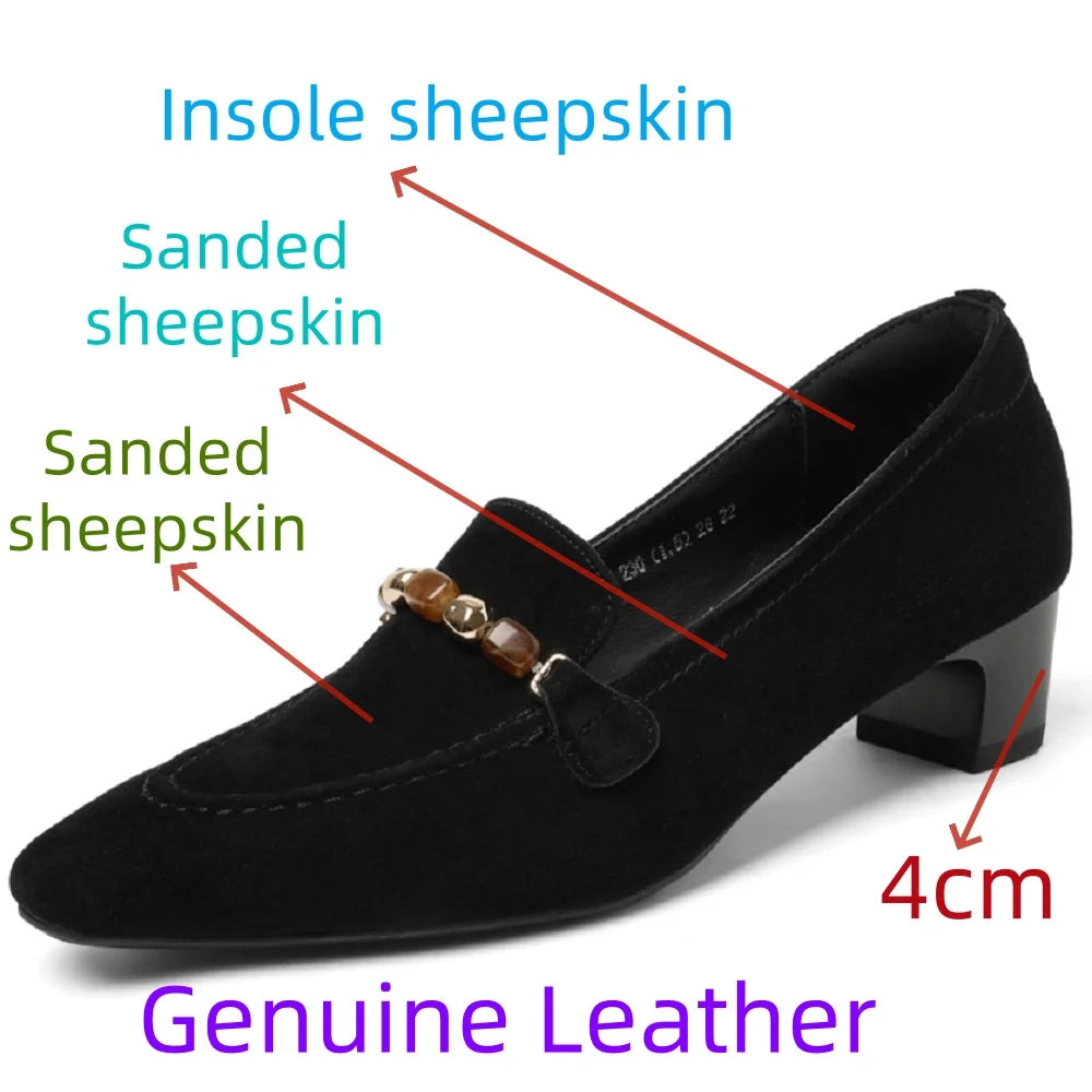 Women Handmade Suede Round Toe Vintage Metal Decoration Solid Color Casual Mid Hells Shoes Female 34-40