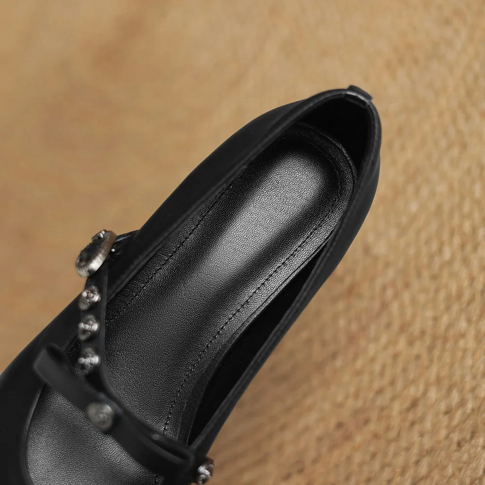 Handmade Genuine leather metal buckle sweet bowtie Mary Jane elegant ladies 3.5cm wedge med heeled shoes 34-41