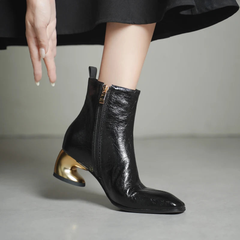 Autumn/Winter New Handmade Genuine Leather Mid Heels Women's Short Boots Square Head Side Zipper Ankle Boots