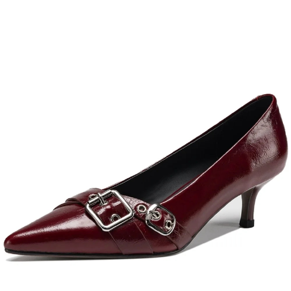 Handmade Genuine Leather Mid Heels Women Shoe Footwear Pointed Toe Party Ladies Shoes Buckle Strap Female Pump