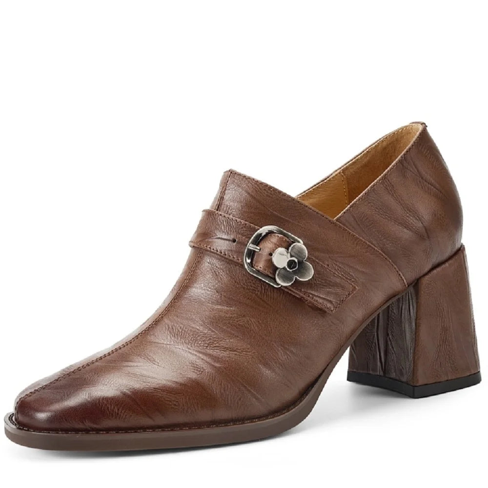 Handmade Soft Genuine Leather Women Elegant Deep Mouth Thick Heels Office Business Dress Waterproof Shoes 34-40