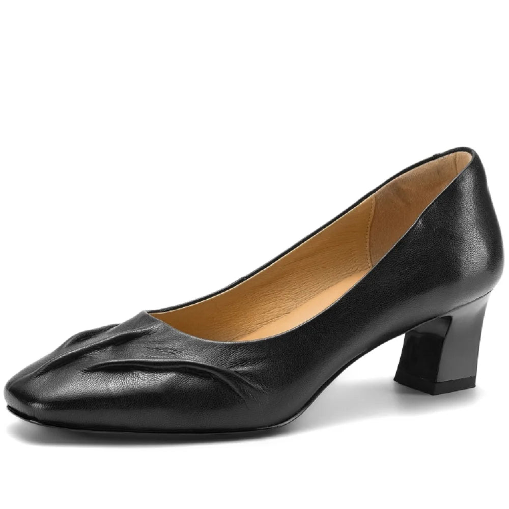 NEW Women Handmade Genuine Leather Soft and comfortable Square Toe Mid Heel Shallow Slio-on Shoes 34-40