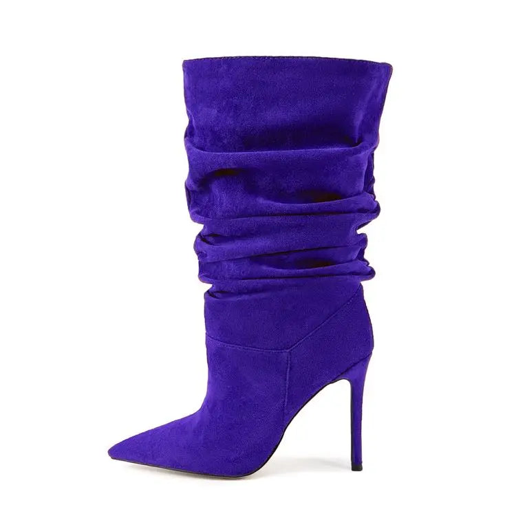 2026 Women's Autumn and Winter New Pleated High-heeled Short Boots with Pointed Sleeves, Women's 35-47 Large Mid Length Boots