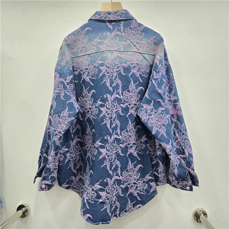 2026 Spring Fashion Heavy Jacquard Rhinestone Design Long Sleeve Denim Shirt Jacket For Women Loose Casual Blouse 11A08701