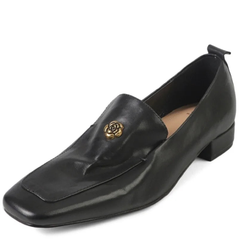 Handmade Genuine Leather Camellia Mid Heels Women's Retro British Style Bottom Shoes Metal Decor Pure Color 34-40