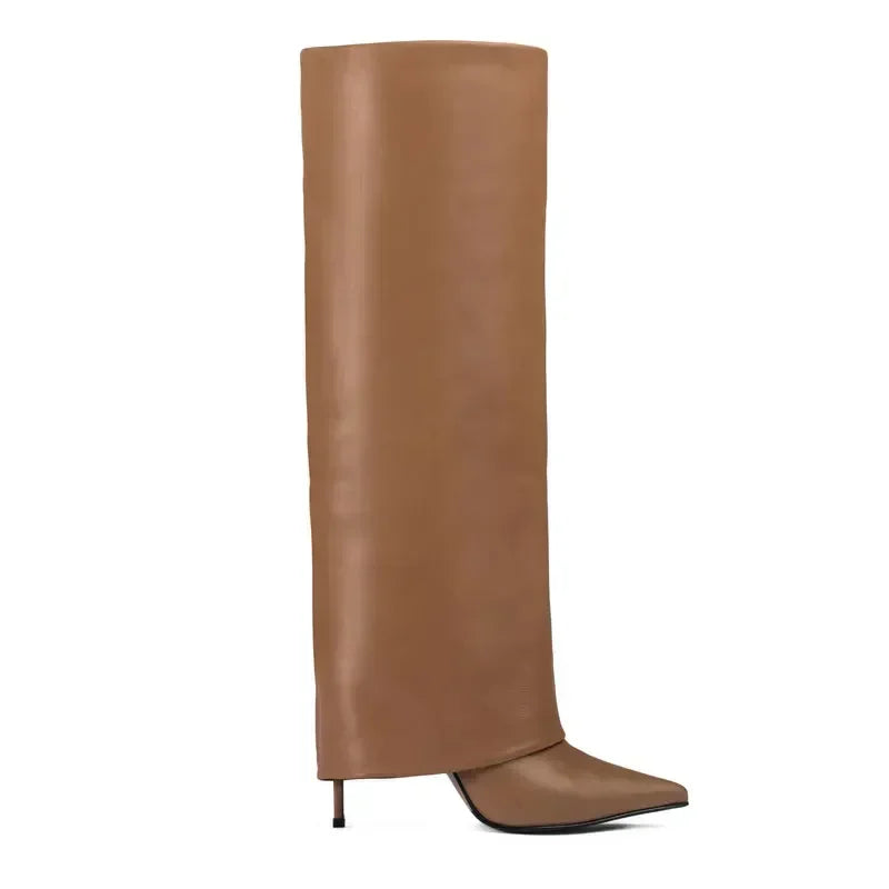 Autumn and Winter New Women's Knee High Leather Boots, Pointed Thin High-heeled Skirt Boots, Black Plus Size Long Boots