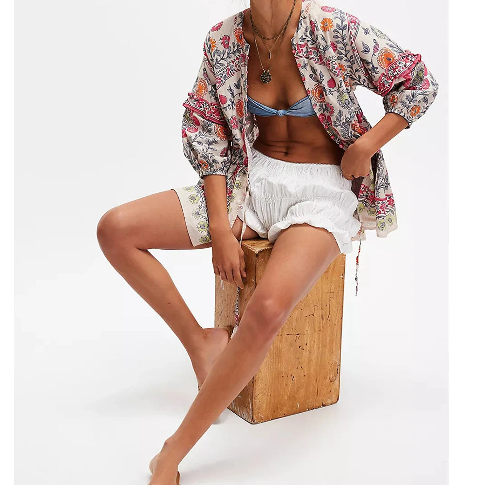 Women Y2K Boho Floral Puff Sleeve Peplum Tunic Blouse Vintage Front Tie Up Button Shirt Flower Ruffle Trim Loose Fit Dressy  Top