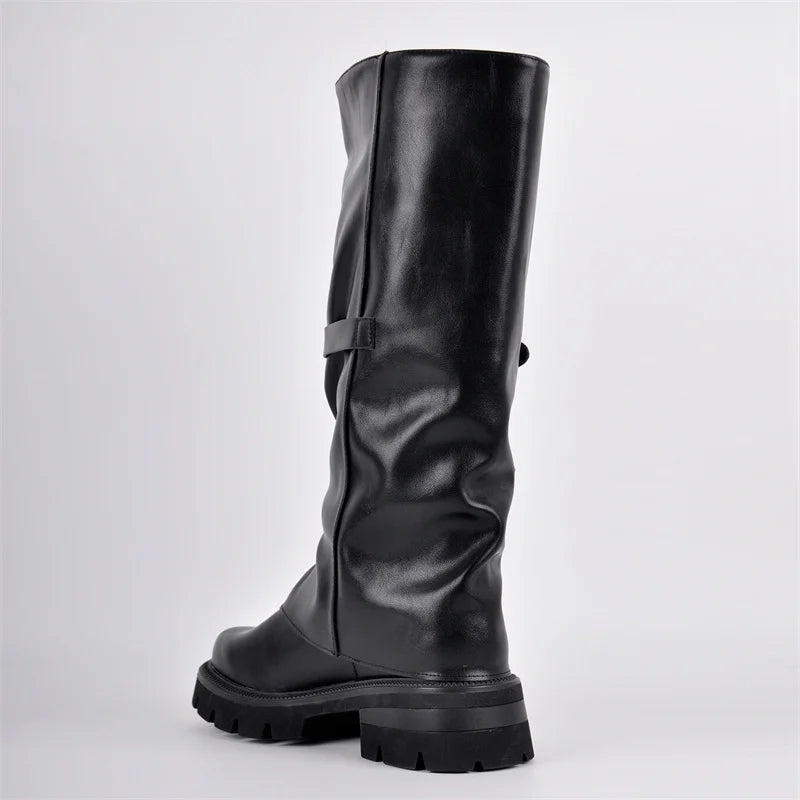 Women Round Toe Black Matte Ruched Knee High Heel Pull on Boots Buckle Strap Punk Boots