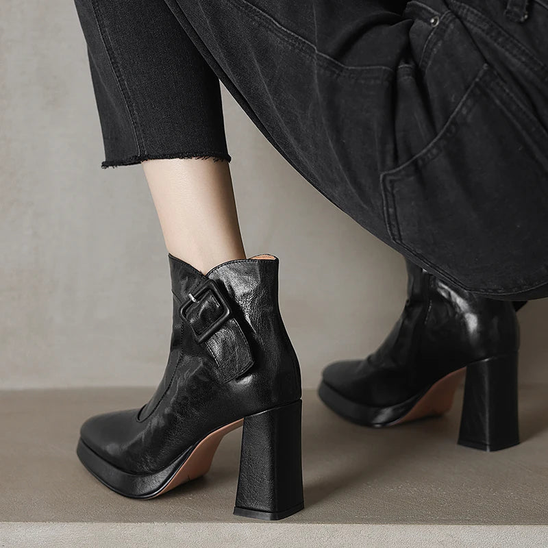Women Handmade Brand Genuine Leather Ankle Boots Chunky Block High Heels Buckle Pointed Toe Shoes