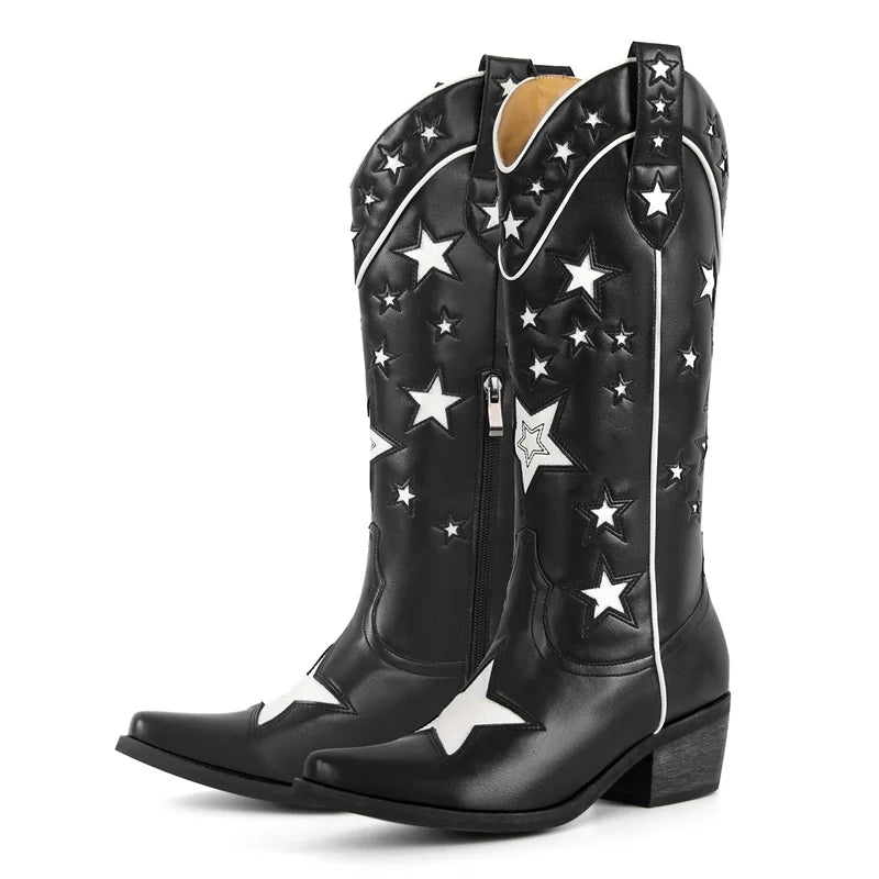 Onlymaker Women Pointed Toe Knee High Western Cowgirl Boots Comfy  Side Zipper Big Size Chunky Heel Cowboy Boots