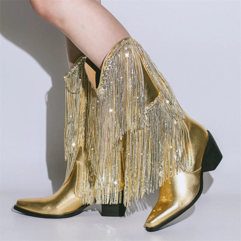 Female Black Rhinestone Mid-Calf Fringe Cowboy Boots Bling Party Women Boots