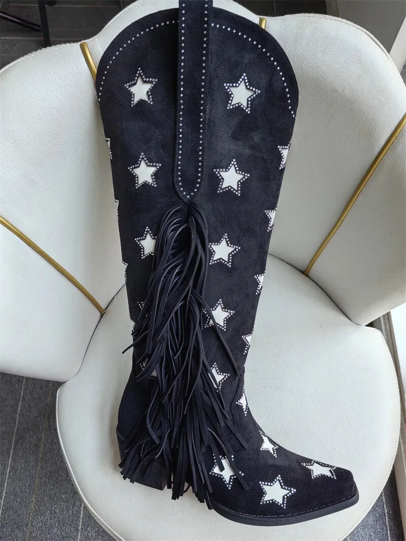 Onlymaker Women Pointed Toe Fringe Side Zipper Retro Western Cowgirl Boots Fringed Chunky Heel  Adjustable Cowboy Boots