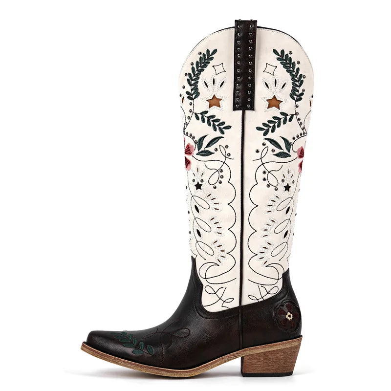 Onlymaker Women Pointed Toe Rivet Pull On Knee High Embroidery Western Cowgirl Boots Chunky Heel Embroidery Cowboy Boots