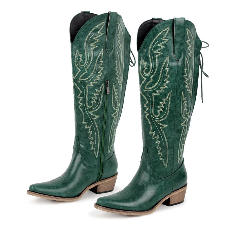 Onlymaker Women Pointed Toe Side Zipper Embroidered Western Cowboy Boots Block Heel Cowgirl Booties