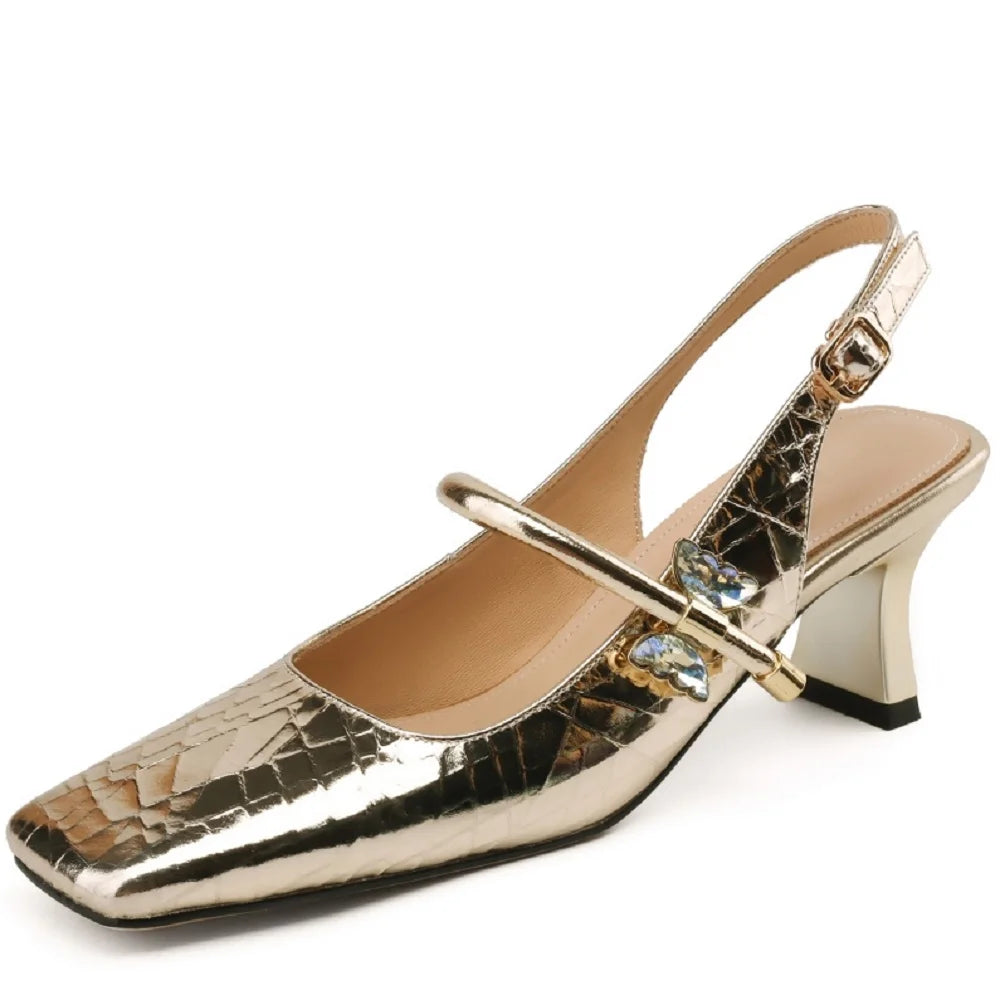 Women Brand High Heel Sandals Genuine Leather Square Toe Buckles Party Wedding Shoes Woman Elegant Pumps 33-43