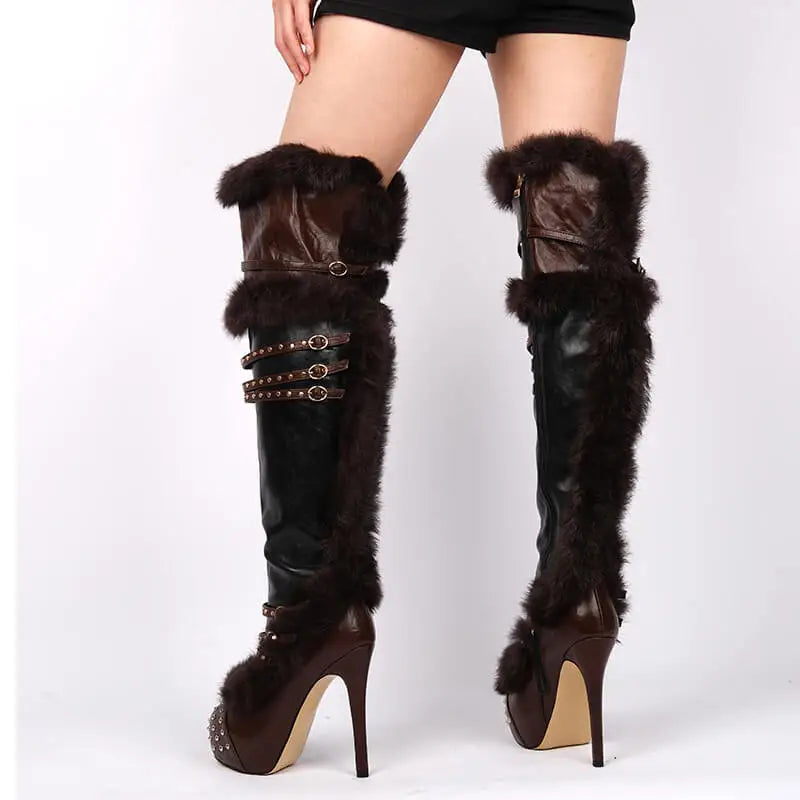 Onlymaker Women Round Toe Over The Knee Boots Platform Fur Rivet Buckle Side Zipper Wide Calf  Thigh High Boots