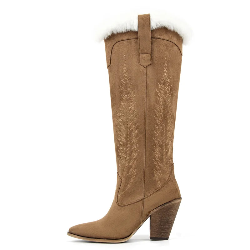 Onlymaker Women Pointed Toe Side Zipper  Retro Western Cowgirl Boots Fringed Chunky Heel Faux Fur Fashion Cowboy Boots