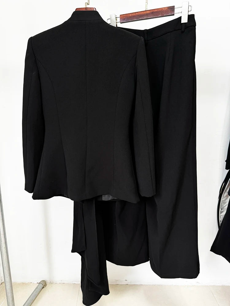 STEET Newest 2026 Designer Suit Set Women's Collarless Blazer Jacket Wide Leg Pants Suit 2pcs