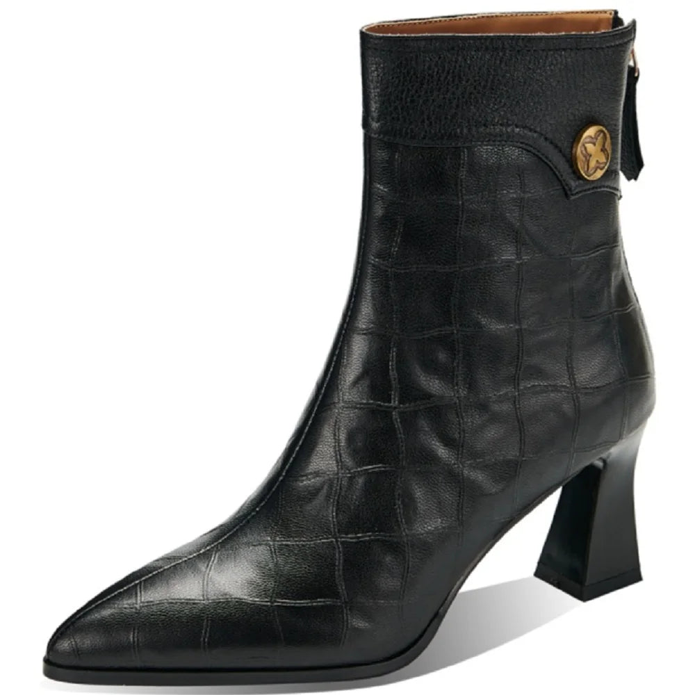 Women Handmade Genuine Leather Soft and comfortable Pointed Toe Chunky Heel Boots 34-40