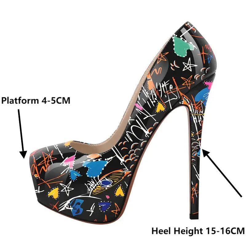 Women Platform Graffiti  Stiletto Heels 16cm Extremely High Pumps Large Sizes Plus Size 46 Shoes