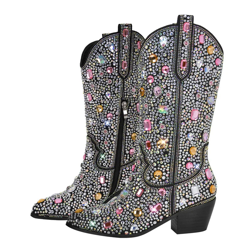 Women Sparkly Multi-colored Rhinestone Handmade Mid-calf Western Boots