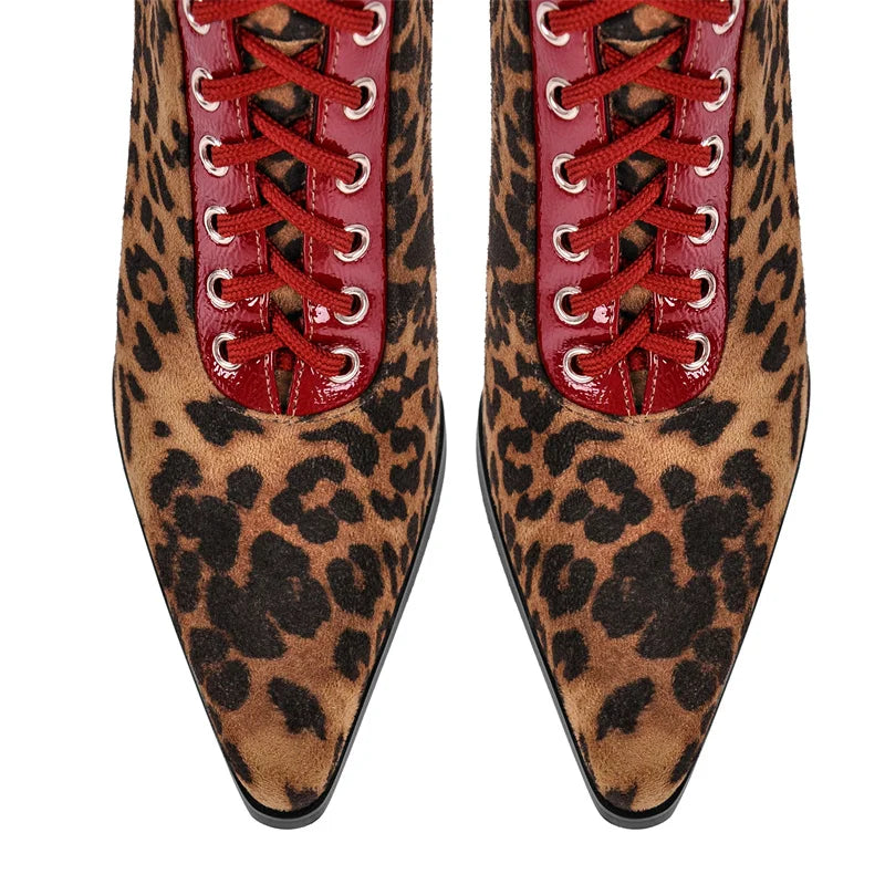 Women Pointed Toe Leopard Buckle Detail Knee High Boots  Stiletto Sexy  Kitten Heels Side Zipper Winter Boots