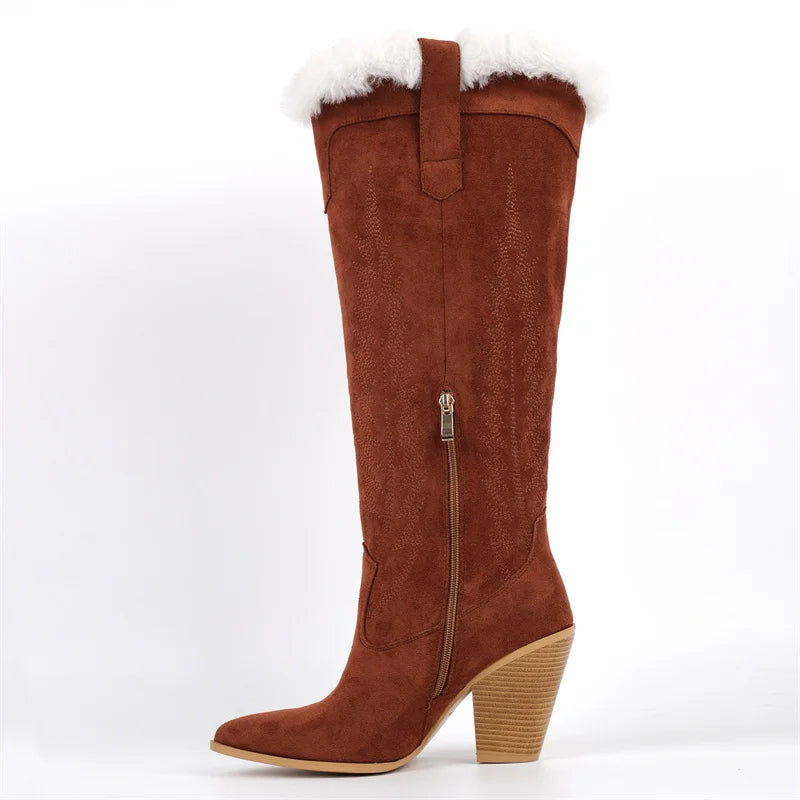 Onlymaker Women Pointed Toe Side Zipper  Retro Western Cowgirl Boots Fringed Chunky Heel Faux Fur Fashion Cowboy Boots