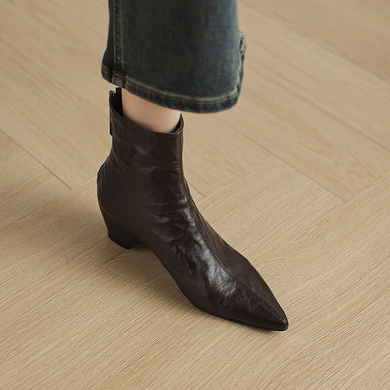 Women's Handmade Genuine Leather Short Boots Thick Heel Flat Bottom Pointed Toe Heightening Retro Boots 33-40