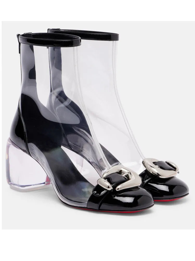 Ladies' Spring and Summer Transparent Thick High-heeled Short Boots with Round Toe and Back Zipper Sexy 34-46 Large Cool Boots