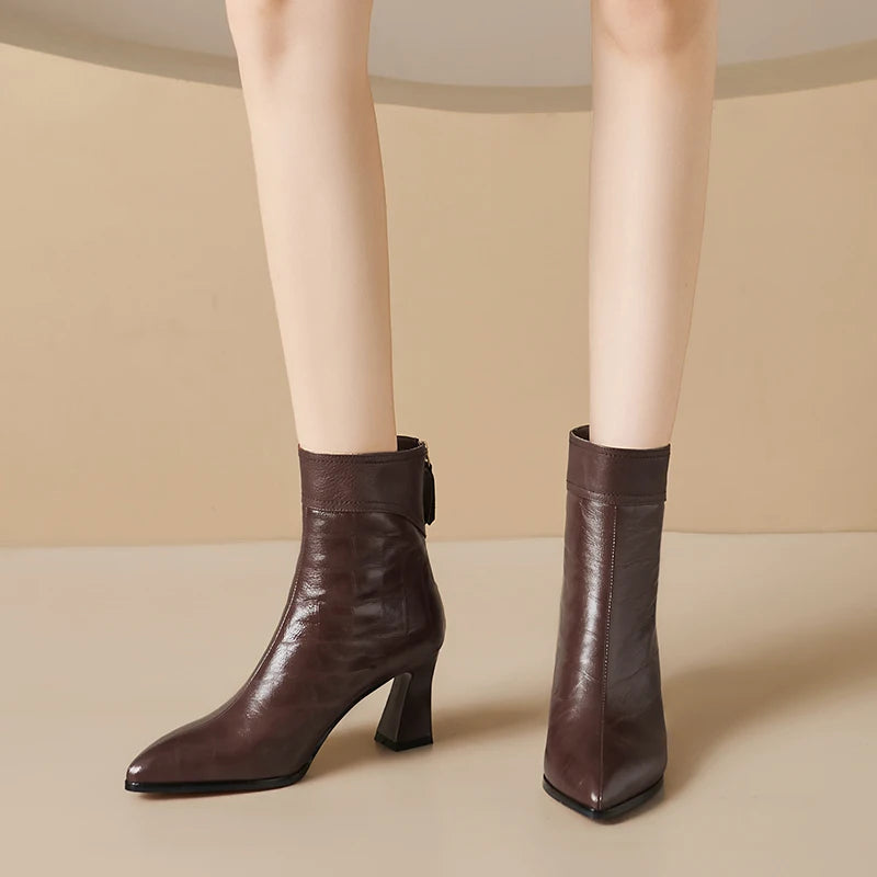 Women Handmade Genuine Leather Soft and comfortable Pointed Toe Chunky Heel Boots 34-40