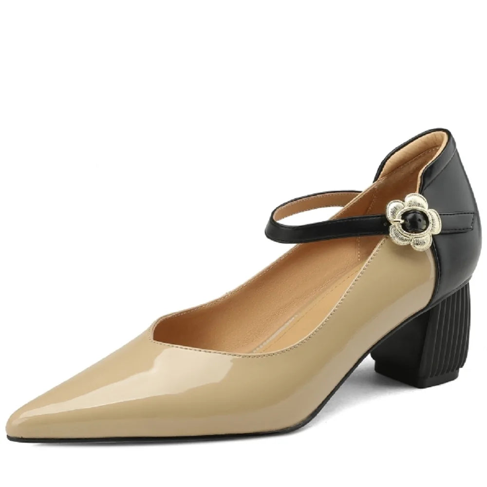 Retro Light Women Handmade Genuine Leather Pointed Toe Metal Buckle One-Strip Style Mid Heel Single Comfortable