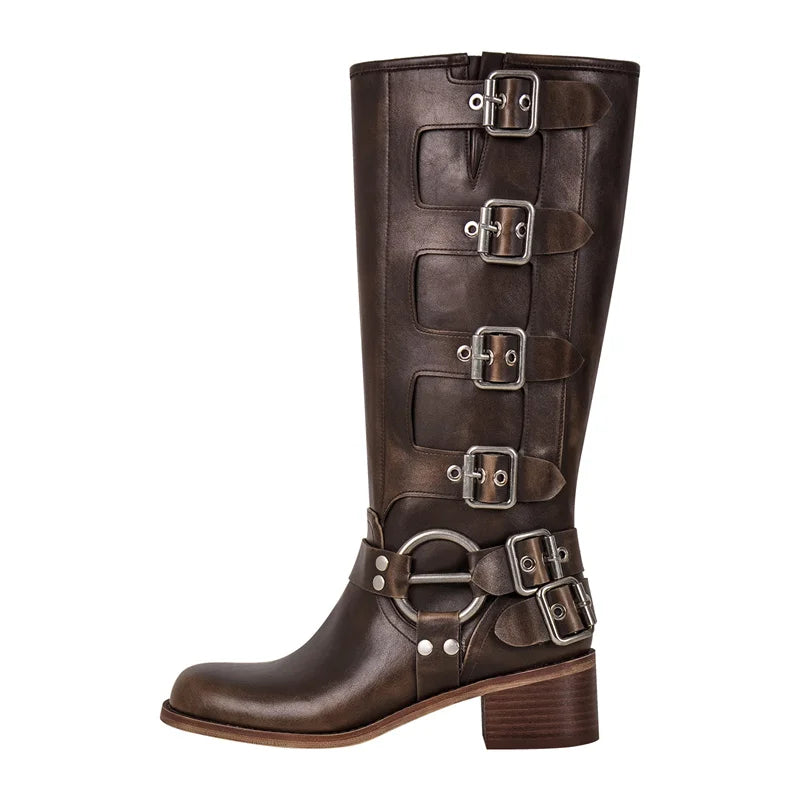 Onlymaker Women Gothic Black Knee High Boots Heeled Brown Metal Rivet Buckle Fashion Motorcycle Boots