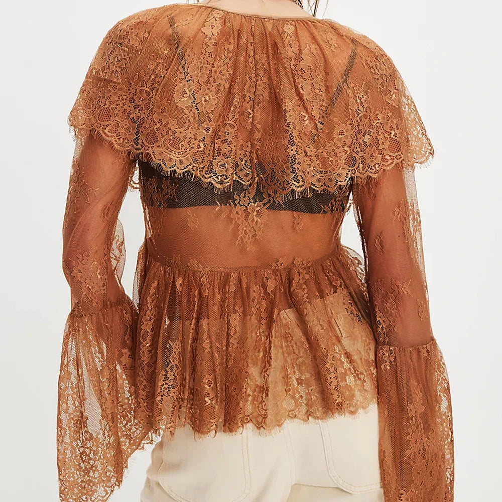 Women Lace Long Sleeve Peplum Top Flowy Bow Front Tie Up Babydoll Shirt Y2k Coquette Ruffle Trim Boho Sheer Blouse Going Out Top