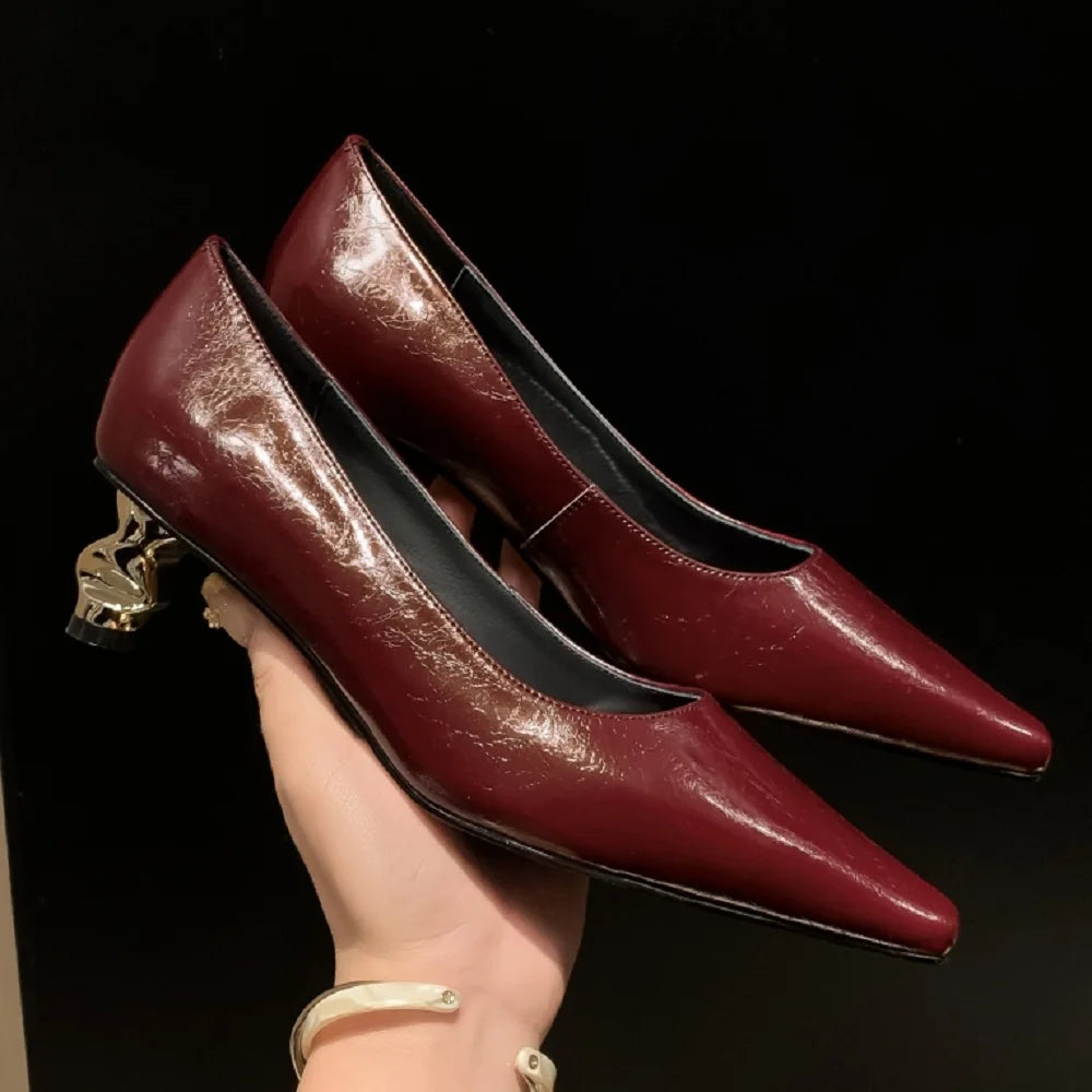 Bright Golden Mid Heels Handmade Genuine Leather Soft and comfortable Mature Lady Daily Office Pumps 33-40