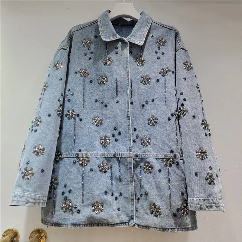 2026  Jeans Jacket Spring New Fashion Heavy Industry Embroidery Beaded Denim Jacket For Women Loose Versatile Coat Female Trendy 11A08709