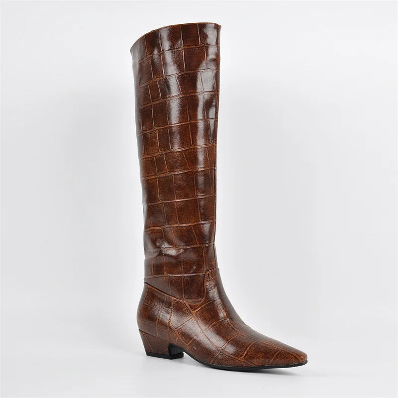Onlymaker Women Pointed Toe Faux Leather Retro Western Cowgirl Boots Chunky Heel Pull on  Block Heel Boots