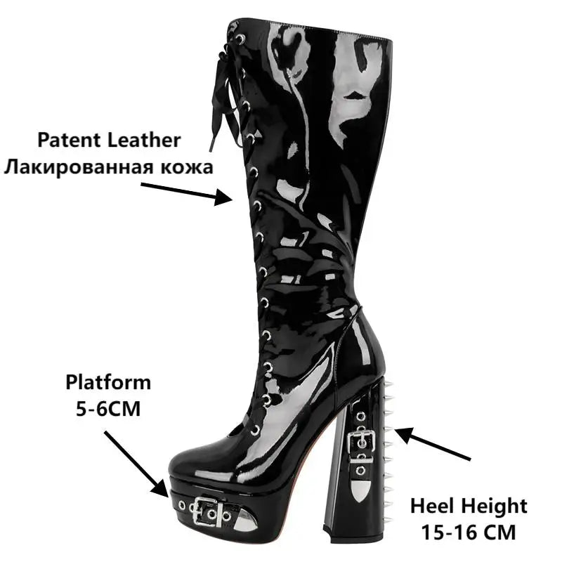 Onlymaker Women Platform Rivet Lace-up Knee High Boots Metal Buckles Chunky Heel  Big Size Punk Knee High Boots