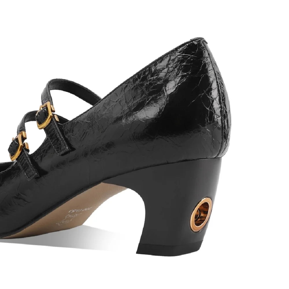 Women Handmade Genuine Leather square toe metal buckle Mary Jane elegant ladies Mid heel evening dress shoe 33-43