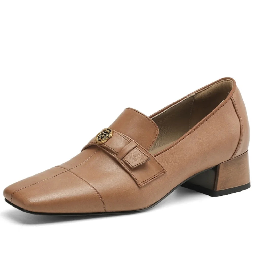 Handmade Genuine Leather Mid Heel British Sle Loafer Women's Spring Retro Camellia Single Shoes Fashionable 34-41