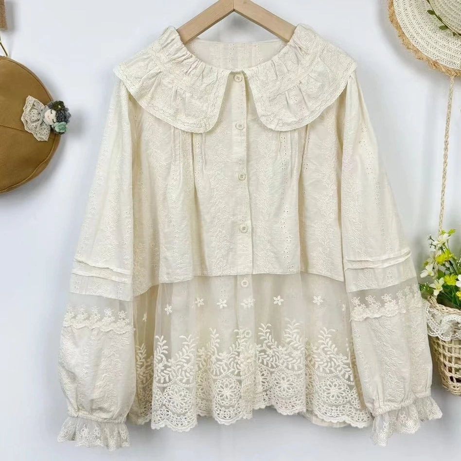 Rococo Victorian Vintage Cotton Lace Embroidery Patchwork Shirt 2025 Summer Ruffled Collar Organza Cottage Core Retro Chic Tops